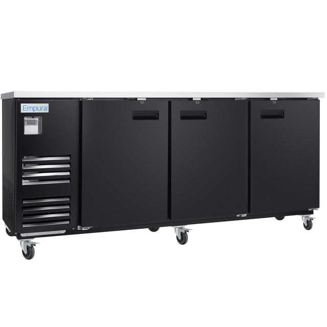 A large, black Empura Refrigeration Back Bar Cooler with three solid doors, each featuring a horizontal handle. The stainless steel unit has four caster wheels, ventilation grilles on the left side, and an Empura logo above a display panel.