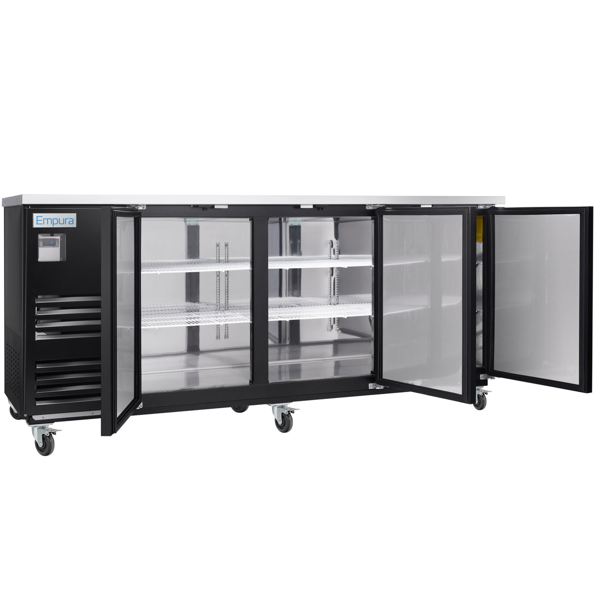 A commercial black and silver Empura Refrigeration unit with stainless steel accents and three glass doors, each featuring metal shelving inside. Two doors are open, the unit is on wheels, and the Empura label appears on the top left corner.
