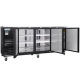 A commercial black and silver Empura Refrigeration unit with stainless steel accents and three glass doors, each featuring metal shelving inside. Two doors are open, the unit is on wheels, and the Empura label appears on the top left corner.