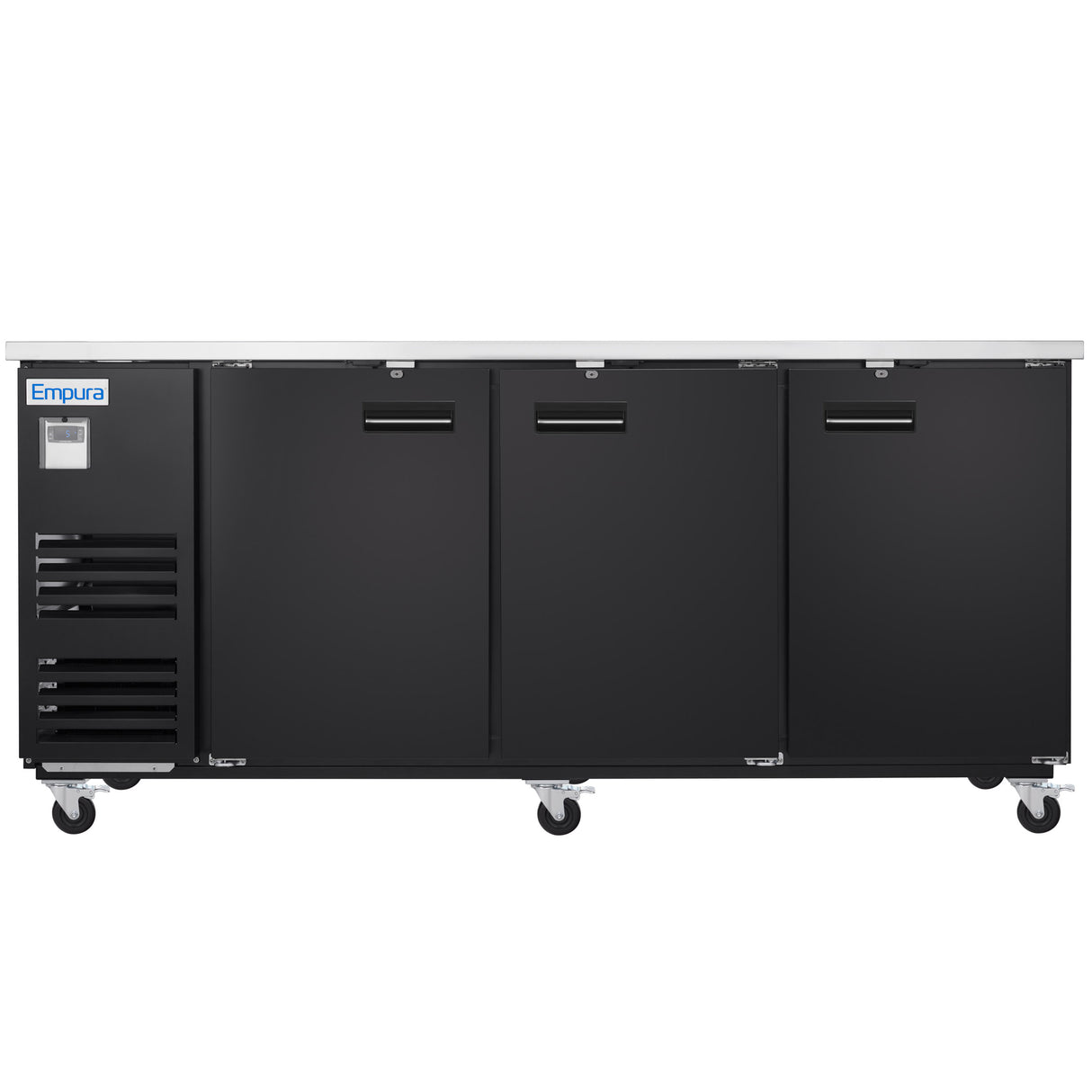 A commercial black Empura Refrigeration back bar cooler with three solid doors, sleek silver handles, and ventilation grilles on the left. The unit is on caster wheels for mobility and features a stainless steel countertop above the doors.