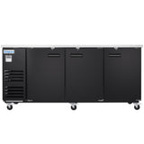 A commercial black Empura Refrigeration back bar cooler with three solid doors, sleek silver handles, and ventilation grilles on the left. The unit is on caster wheels for mobility and features a stainless steel countertop above the doors.