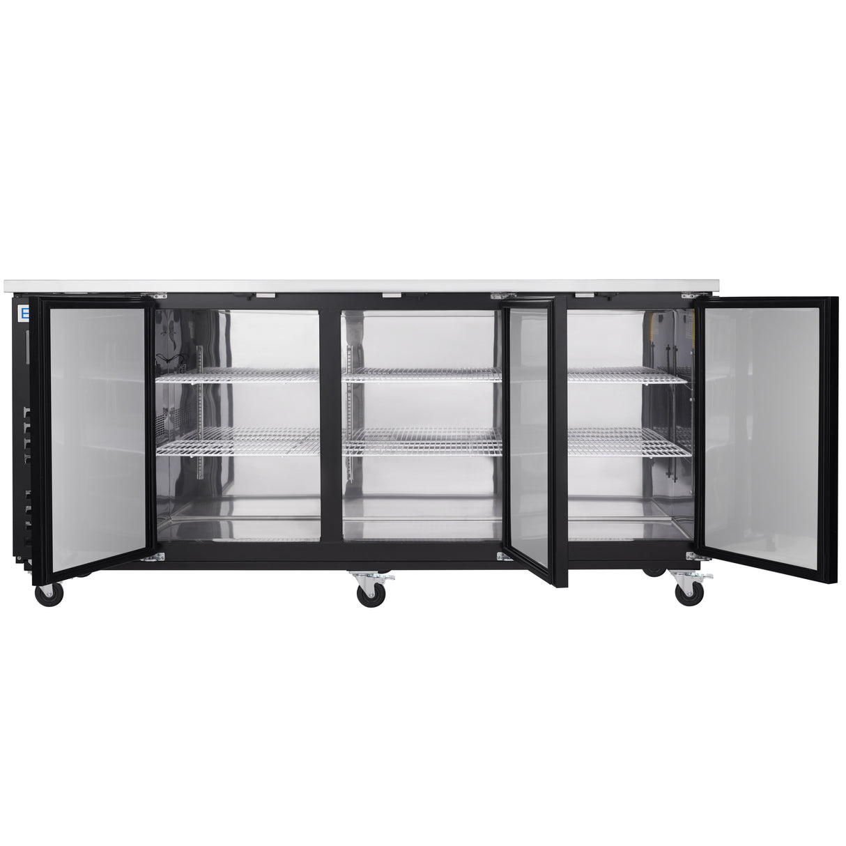 A large Empura Refrigeration stainless steel refrigerator with three glass doors, all open to reveal spacious interior sections with metal wire shelves. This back bar cooler sits on wheels and features a clean, empty interior and a flat top surface.