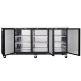 A large Empura Refrigeration stainless steel refrigerator with three glass doors, all open to reveal spacious interior sections with metal wire shelves. This back bar cooler sits on wheels and features a clean, empty interior and a flat top surface.