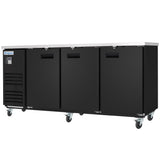 A large Empura Refrigeration Back Bar Cooler features a black finish, stainless steel top, three doors with recessed handles, and six caster wheels. Ventilation slats and a display panel are on the left beneath the Empura name.