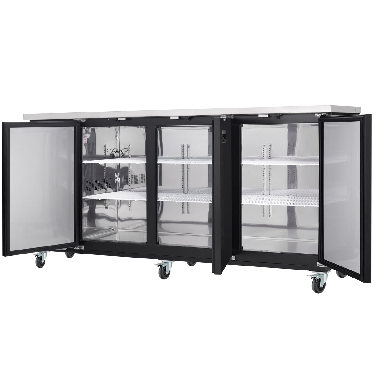 A commercial Empura Refrigeration stainless steel back bar cooler with three glass doors open, revealing empty metal shelves inside. The unit is black with a flat top and wheels for mobility. Its clean, well-lit interior highlights the reflective surfaces.