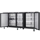 A commercial Empura Refrigeration stainless steel back bar cooler with three glass doors open, revealing empty metal shelves inside. The unit is black with a flat top and wheels for mobility. Its clean, well-lit interior highlights the reflective surfaces.