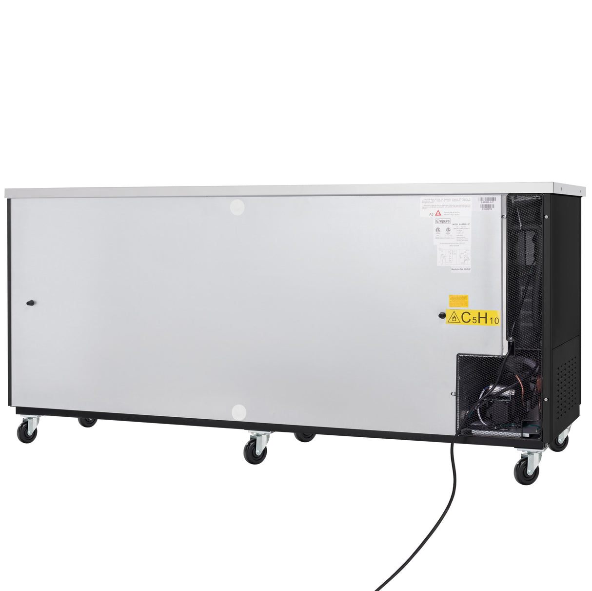 A large, rectangular Empura Refrigeration commercial ice machine in stainless steel and black on five caster wheels, featuring a visible cooling unit and power cord. Warning and info labels are on the panel, set against a white background.