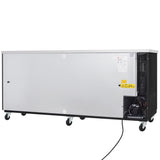 A large, rectangular Empura Refrigeration commercial ice machine in stainless steel and black on five caster wheels, featuring a visible cooling unit and power cord. Warning and info labels are on the panel, set against a white background.