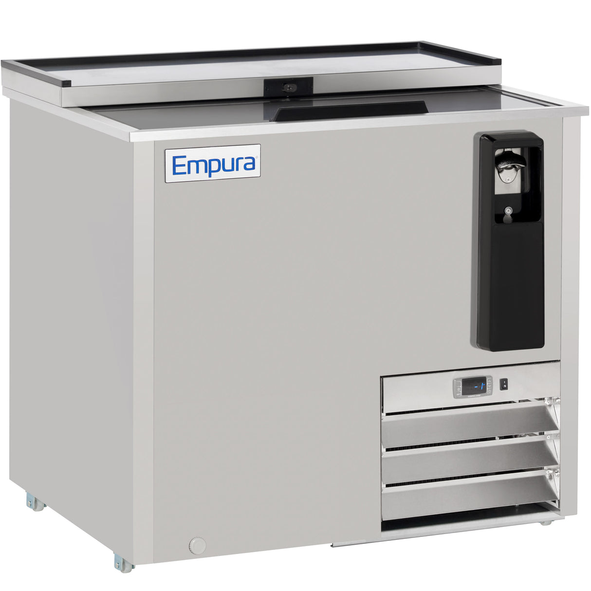 The Empura Refrigeration stainless steel bottle cooler features a sliding lid, built-in bottle opener, cap catcher, ventilation grates, and a control panel. Branded “Empura” on the front, it stands on small wheels for easy mobility.