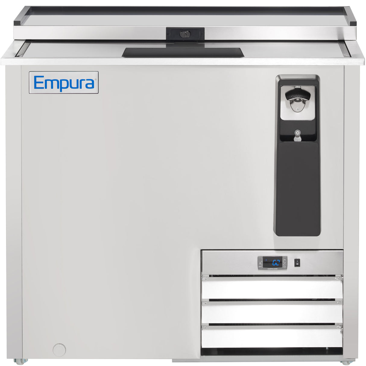 A stainless steel Empura refrigeration bottle cooler with a sliding lid, built-in bottle opener, cap catcher, digital control panel, ventilation grilles, and the Empura logo on the top left corner. The unit has a sleek, industrial design.