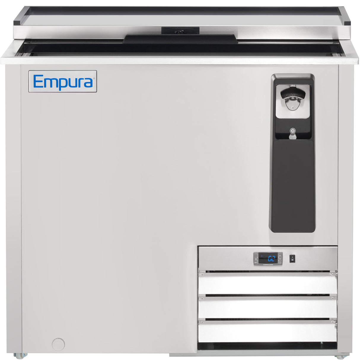 A commercial stainless steel bottle cooler by Empura refrigeration features a bottle opener and cap catcher on the right, digital display panel with vents below, and a sliding top door for easy access to stored drinks.