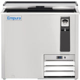 A commercial stainless steel bottle cooler by Empura refrigeration features a bottle opener and cap catcher on the right, digital display panel with vents below, and a sliding top door for easy access to stored drinks.