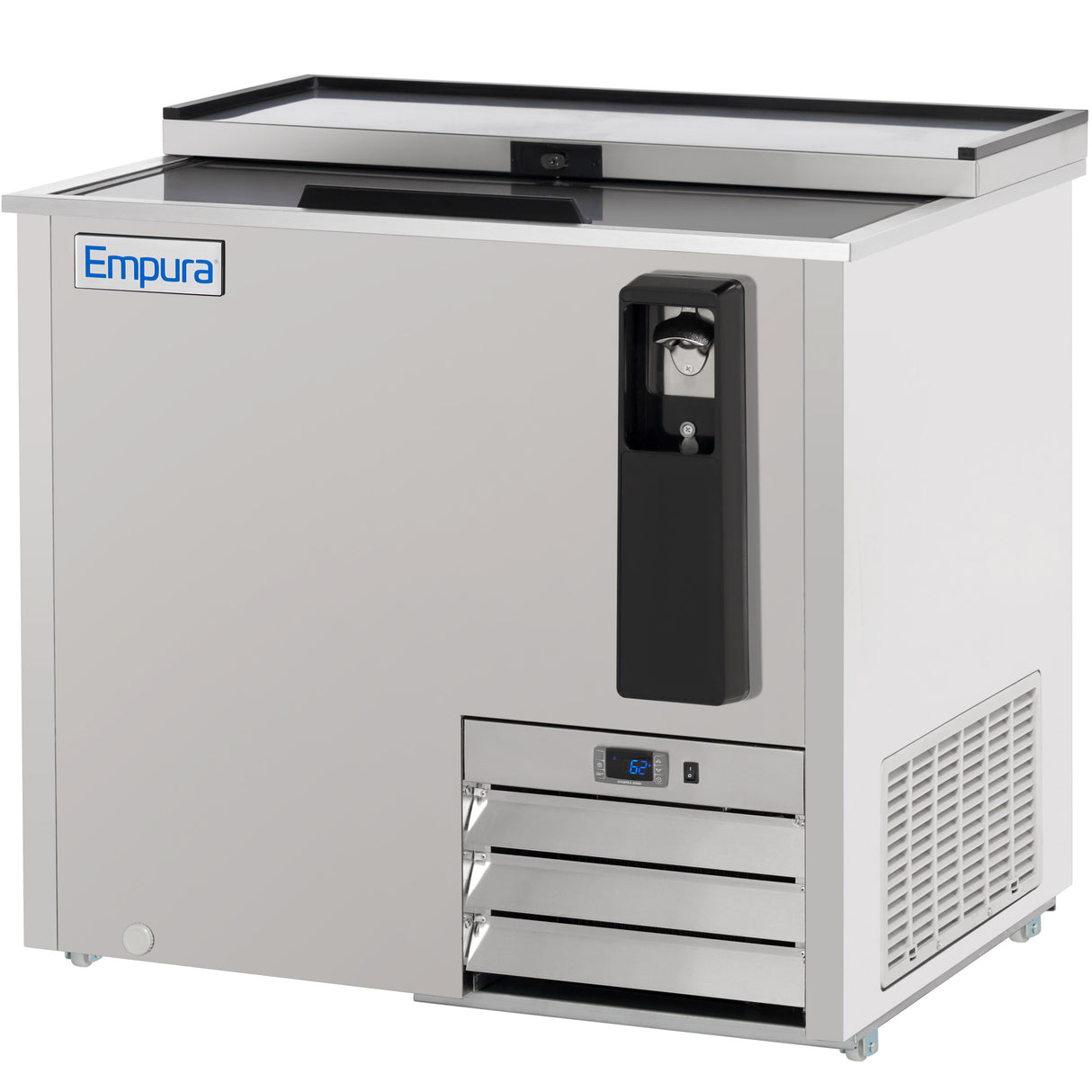 A stainless steel Empura refrigeration bottle cooler with a sliding top lid, digital temperature display, air vents at the bottom, built-in bottle opener, and the Empura logo on the upper left front. The unit is on small wheels for easy mobility.