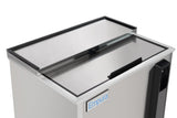 A close-up of an Empura refrigeration stainless steel bottle cooler with a sliding top lid, partially open. The rectangular unit features a handle on the right and displays the blue Empura logo on the front panel.