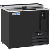 A black commercial bottle cooler with a sliding stainless steel lid, Empura logo on the front, built-in bottle opener, digital temperature display, ventilation grilles, and caster wheels for mobility—perfect for efficient commercial refrigeration.