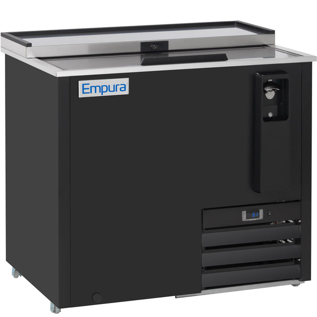 A black commercial bottle cooler with a sliding stainless steel lid, Empura logo on the front, built-in bottle opener, digital temperature display, ventilation grilles, and caster wheels for mobility—perfect for efficient commercial refrigeration.