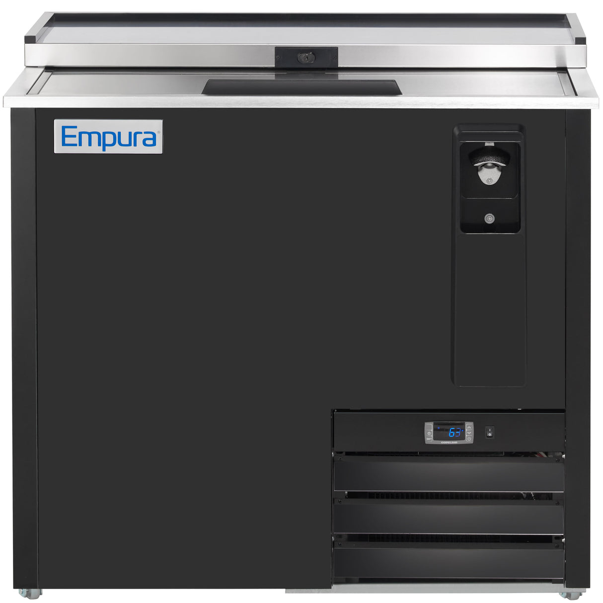 A black Empura commercial refrigeration bottle cooler with a sliding stainless steel top, bottle opener on the right, and digital temperature display at the bottom. The front features the Empura logo on the upper left.