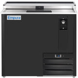 A black Empura commercial refrigeration bottle cooler with a sliding stainless steel top, bottle opener on the right, and digital temperature display at the bottom. The front features the Empura logo on the upper left.