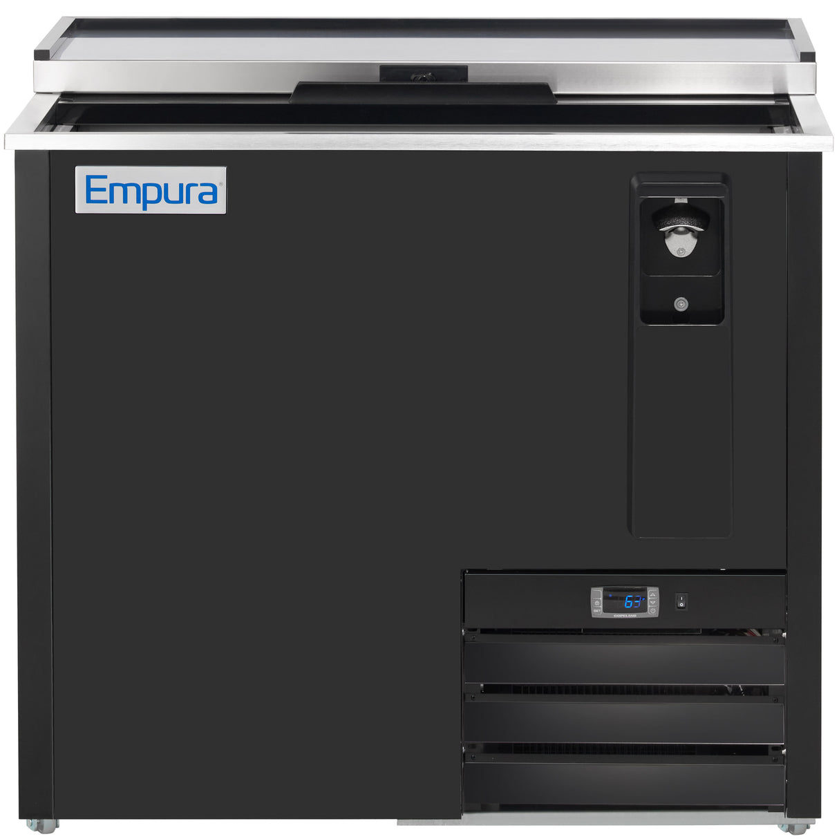 A black Empura bottle cooler with a sliding top lid, built-in bottle opener and cap catcher on the right, digital temperature display, ventilation grilles below, and the Empura logo on the left front panel—ideal for commercial refrigeration needs.