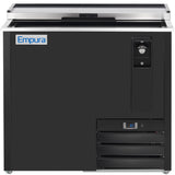 A black Empura bottle cooler with a sliding top lid, built-in bottle opener and cap catcher on the right, digital temperature display, ventilation grilles below, and the Empura logo on the left front panel—ideal for commercial refrigeration needs.