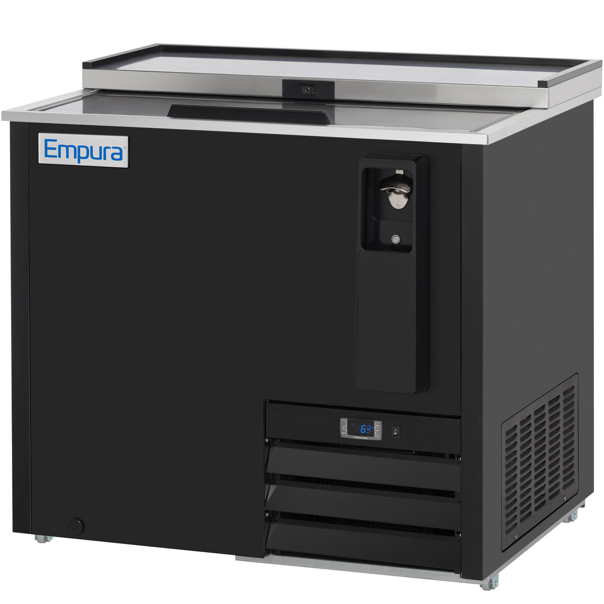 A black commercial bottle cooler with a stainless steel top, sliding lid, and built-in bottle opener. The front displays the Empura logo, a digital temperature display above the vented panel, and highlights its quality commercial refrigeration.