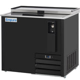 A black commercial bottle cooler with a stainless steel top, sliding lid, and built-in bottle opener. The front displays the Empura logo, a digital temperature display above the vented panel, and highlights its quality commercial refrigeration.