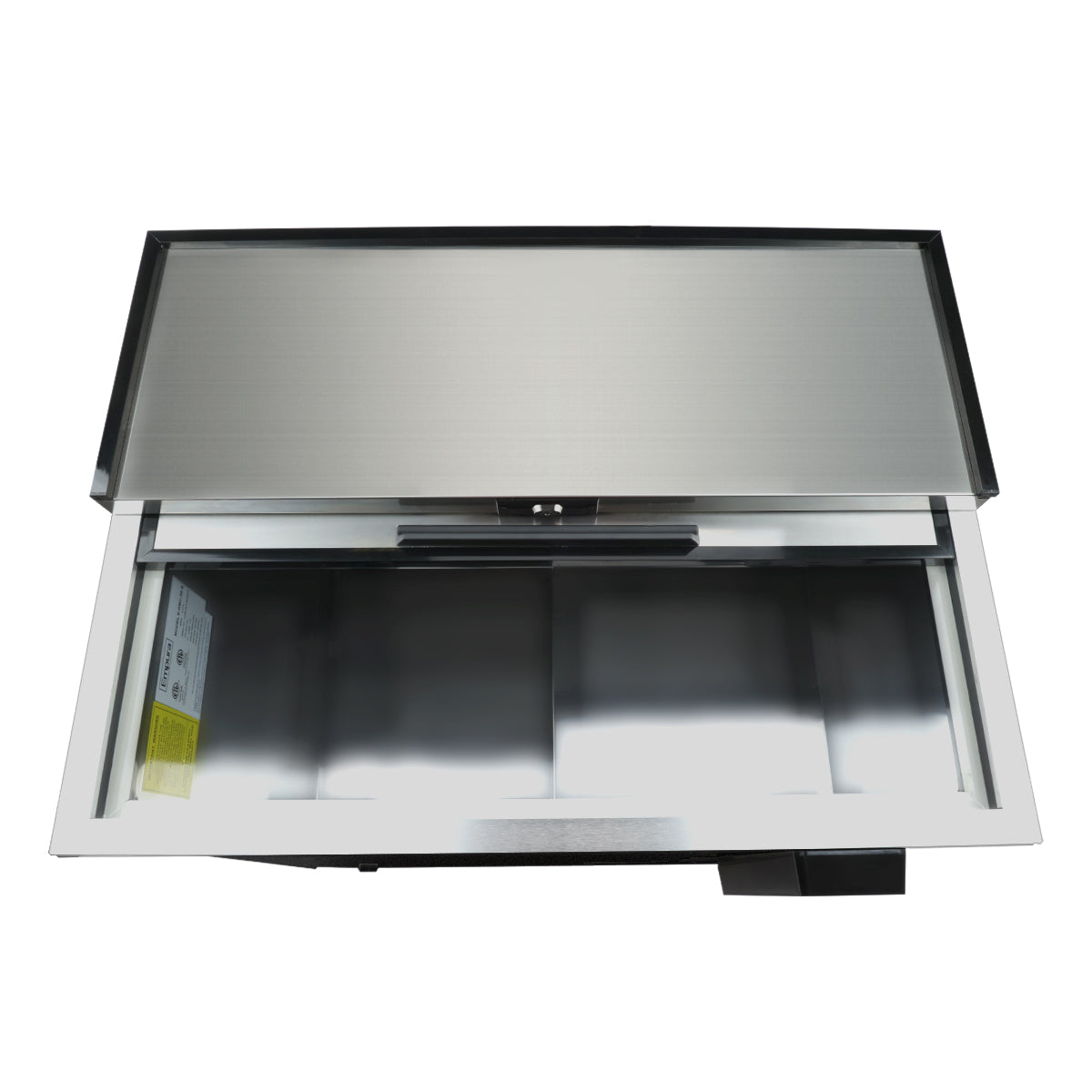 A top-down view of an open Empura Refrigeration stainless steel bottle cooler with a partially lifted lid, exposing an empty interior with dividers. The image is set against a white background.