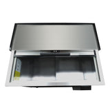 A top-down view of an open Empura Refrigeration stainless steel bottle cooler with a partially lifted lid, exposing an empty interior with dividers. The image is set against a white background.