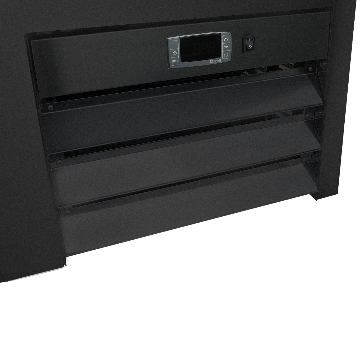 Close-up of a black electronic device, possibly an Empura Refrigeration bottle cooler, showing a digital control panel with display, buttons, and vent slats below it. The device is positioned against a white background.