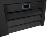 Close-up of a black electronic device, possibly an Empura Refrigeration bottle cooler, showing a digital control panel with display, buttons, and vent slats below it. The device is positioned against a white background.