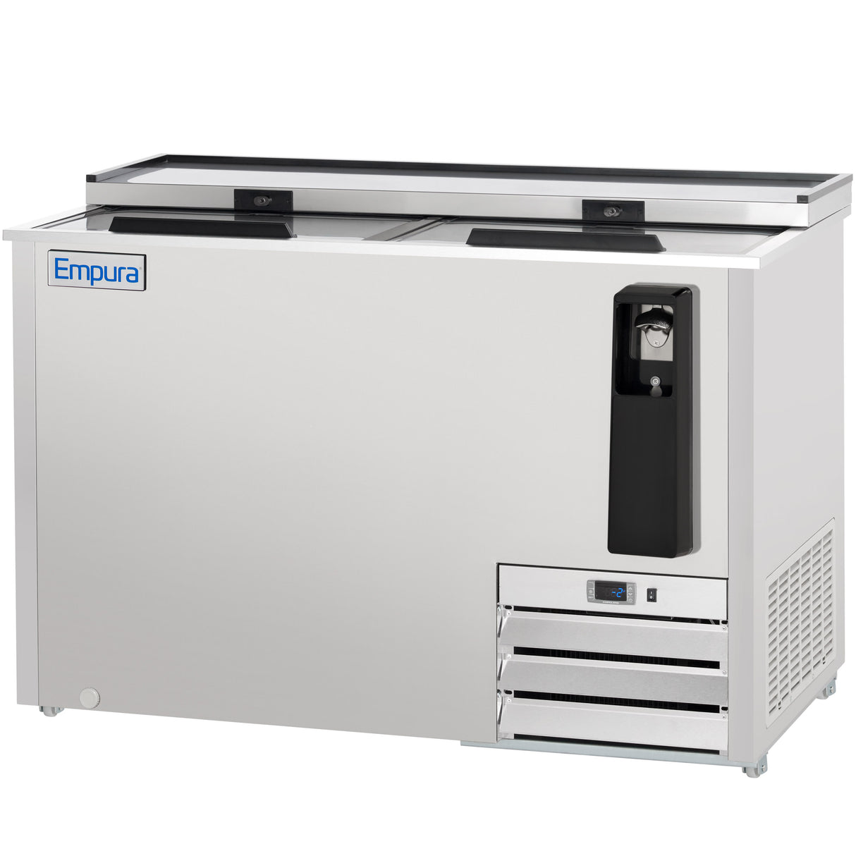 A stainless steel commercial bottle cooler with sliding glass top doors, built-in bottle opener and cap catcher, vented front grill, and the Empura logo on the top left corner. This commercial bottle cooler stands on small feet against a white background.