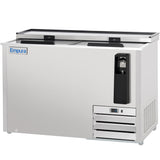 A stainless steel commercial bottle cooler with sliding glass top doors, built-in bottle opener and cap catcher, vented front grill, and the Empura logo on the top left corner. This commercial bottle cooler stands on small feet against a white background.