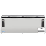 A large bottle cooler with a stainless steel exterior, three sliding black lids on top, a lock on each end, vented section on the lower right, and an Empura brand logo on the lower left front panel. 29 cu. ft. capacity.
