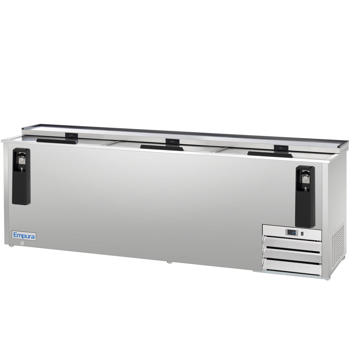 A large 29 cu. ft. capacity bottle cooler featuring a stainless steel exterior, three sliding lids with black handles, a vented cooling unit on the bottom right, and an Empura logo decal. Its rectangular shape offers a sleek, modern design.