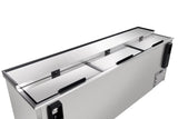 A stainless steel commercial food prep refrigerator with a sleek stainless steel exterior, three top-opening compartments, black handles, and a modern design. The lid is partially open, revealing the spacious 29 cu. ft. capacity storage area inside. Background is plain white.