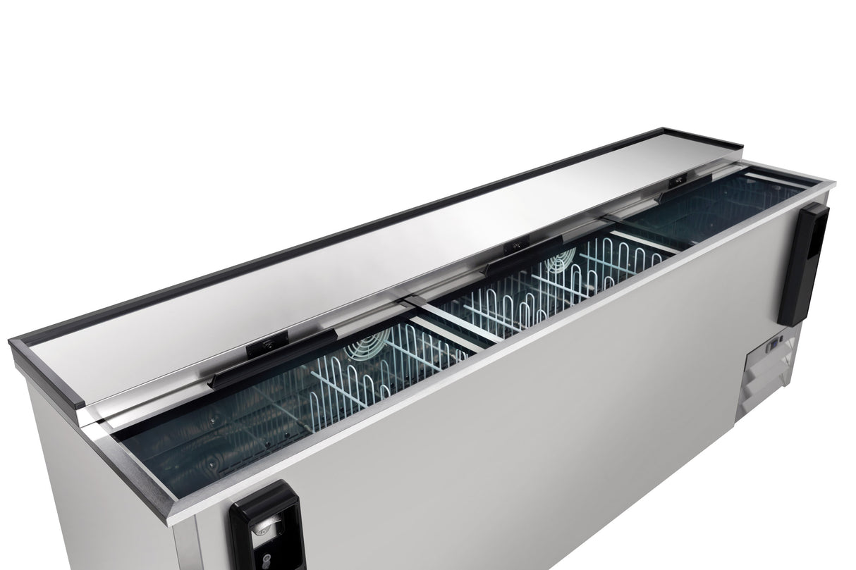 A large, rectangular commercial chest freezer with a 29 cu. ft. capacity and two sliding glass doors on top, revealing wire basket compartments inside. The stainless steel exterior features black trim and handles on both ends, set against a white background.