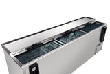 A large, rectangular commercial chest freezer with a 29 cu. ft. capacity and two sliding glass doors on top, revealing wire basket compartments inside. The stainless steel exterior features black trim and handles on both ends, set against a white background.