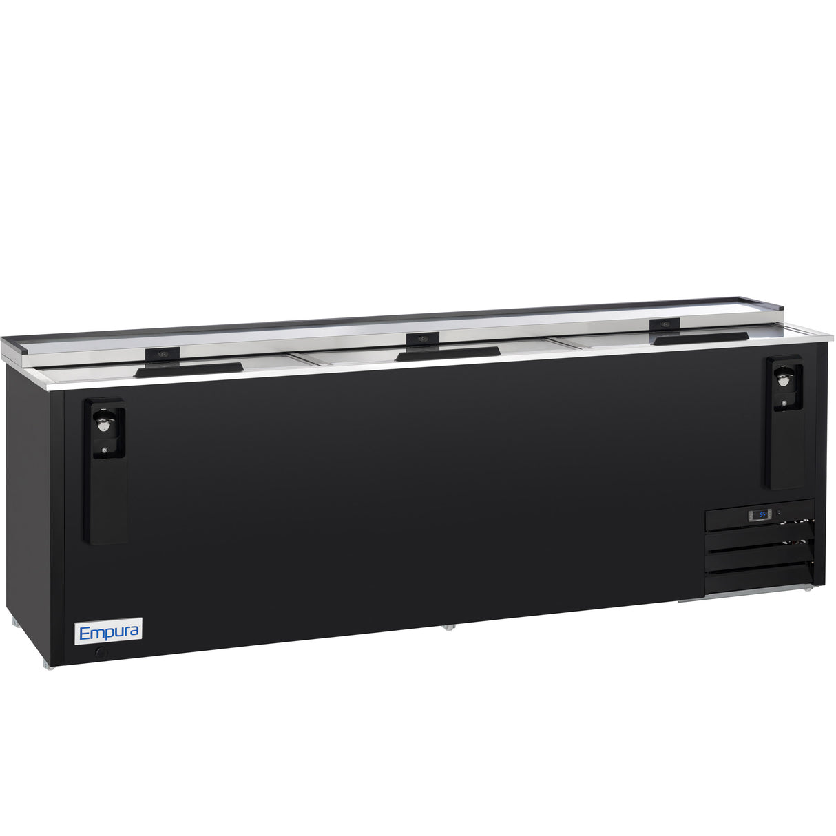 A large, black Empura Refrigeration bottle cooler with three sliding lids on top, a thermometer, and ventilation grilles on the right side. This rectangular commercial refrigerator features the Empura label on the lower left corner.