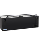 A large, black Empura Refrigeration bottle cooler with three sliding lids on top, a thermometer, and ventilation grilles on the right side. This rectangular commercial refrigerator features the Empura label on the lower left corner.