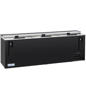 A large, black Empura Refrigeration bottle cooler with three sliding lids on top, a thermometer, and ventilation grilles on the right side. This rectangular commercial refrigerator features the Empura label on the lower left corner.