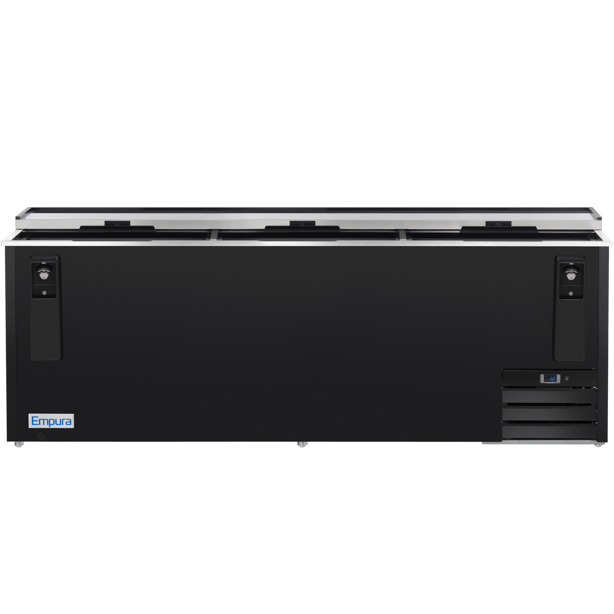 A black Empura Refrigeration commercial bottle cooler with three sliding lids, a lock on each end, ventilation grilles on the lower right side, and an “Empura” logo on the bottom left. The front is smooth and rectangular in shape.