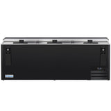A large, black Empura Refrigeration bottle cooler with three sliding lids on top, a small Empura logo on the lower left, and a ventilation grill with a control panel on the lower right. This commercial refrigerator is perfect for storing and chilling beverages.