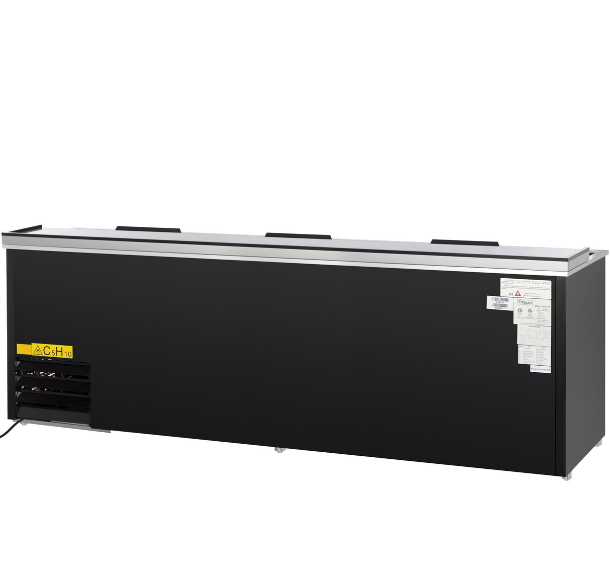A large, black Empura Refrigeration bottle cooler with a flat top, ventilation panel on the lower left, yellow ACH label, power cord, and instructions attached on the upper right. The commercial refrigerator features sliding doors for easy access.
