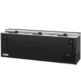 A large, black Empura Refrigeration bottle cooler with three sliding lids on top, two handles on the front, a digital control panel, air vents at the bottom right, and an Empura logo in the bottom left. The background is plain and light gray.