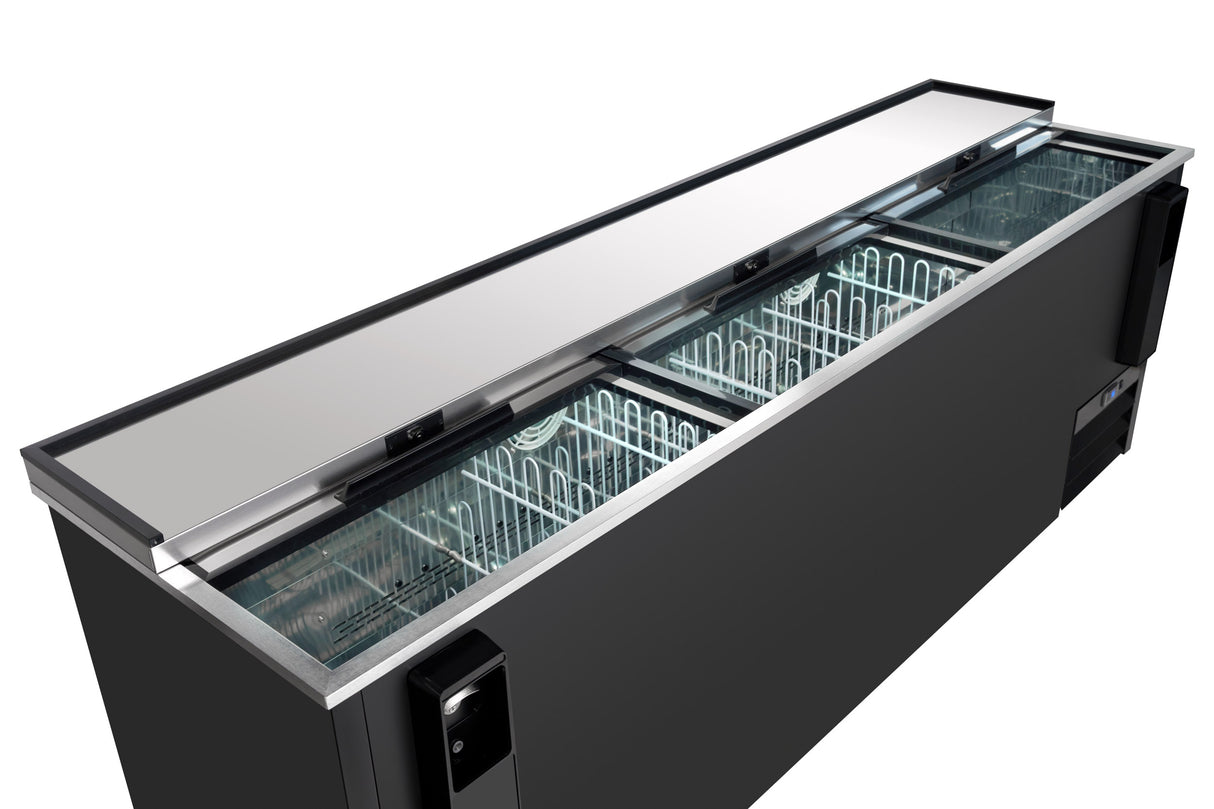 A long, black Empura Refrigeration commercial chest freezer with sliding glass lids, partially open to reveal empty white wire baskets inside. The modern design features metal trim around the top edges and black handles on each end.