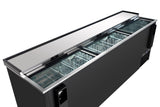 A long, black Empura Refrigeration commercial chest freezer with sliding glass lids, partially open to reveal empty white wire baskets inside. The modern design features metal trim around the top edges and black handles on each end.