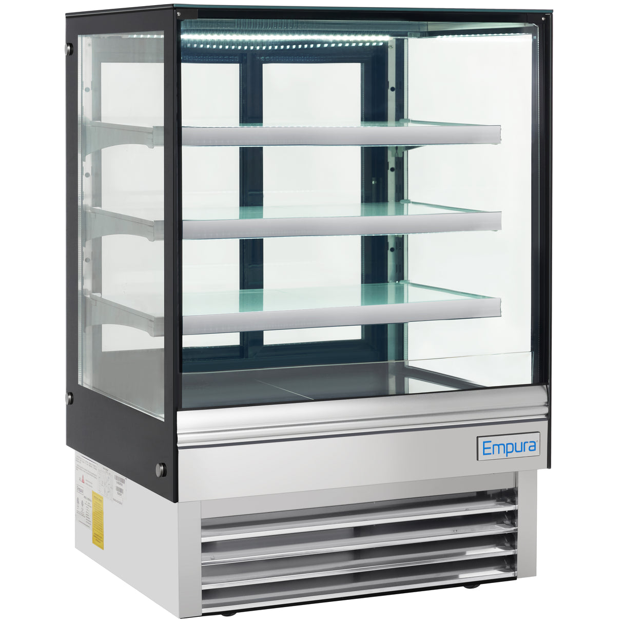 A commercial refrigerated display case with a glass front and sides, three glass shelves, and a stainless steel base. The unit features the Empura brand on the bottom right corner and bright LED lighting inside the display area.
