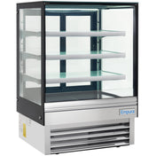 A commercial refrigerated display case with a glass front and sides, three glass shelves, and a stainless steel base. The unit features the Empura brand on the bottom right corner and bright LED lighting inside the display area.