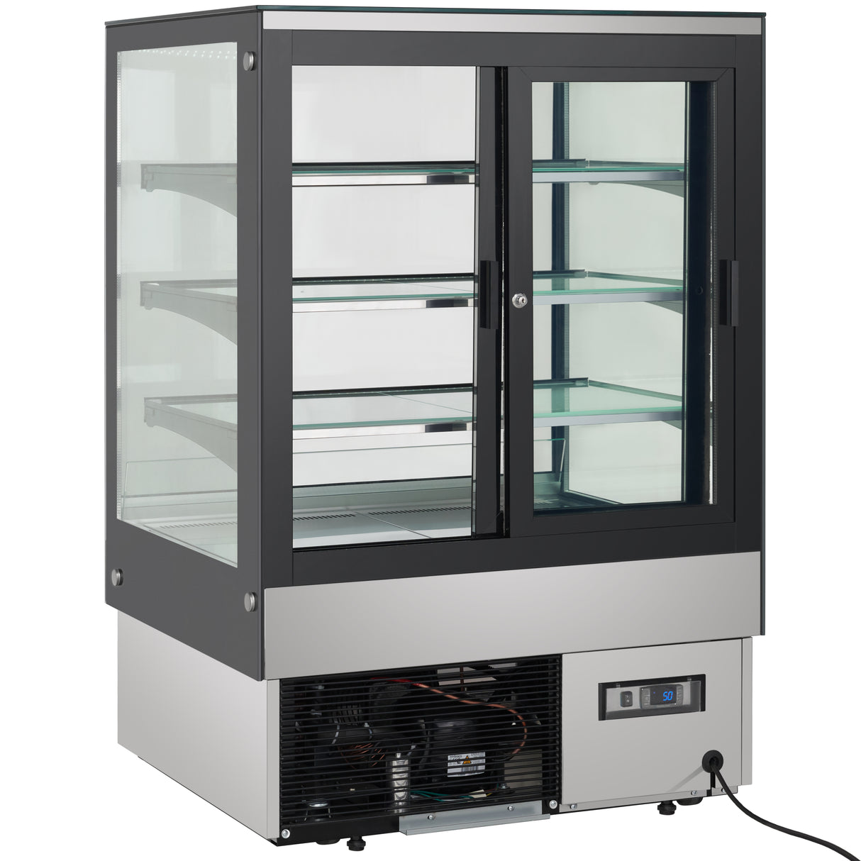 A refrigerated display case with a black frame, three glass shelves, sliding glass doors, and a stainless steel base. The base features a control panel and ventilation grill, while LED lighting brightens the empty interior. Power cord is plugged in.
