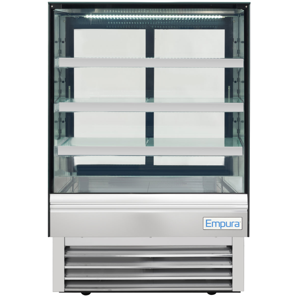 A commercial refrigerated display case with a glass front and sides, four white shelves, and a stainless steel base. The unit is empty and brightly lit with LED lighting from the top, featuring the Empura brand on the bottom right corner.